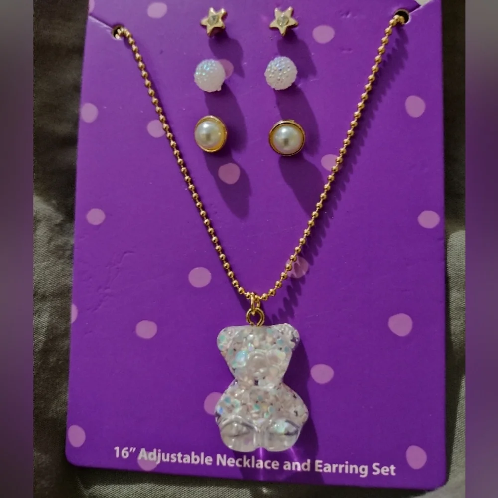 KAWAII Glitter Candy Gummy Bear 3 prs of earrings & necklace set Nwt - Picture 1 of 4